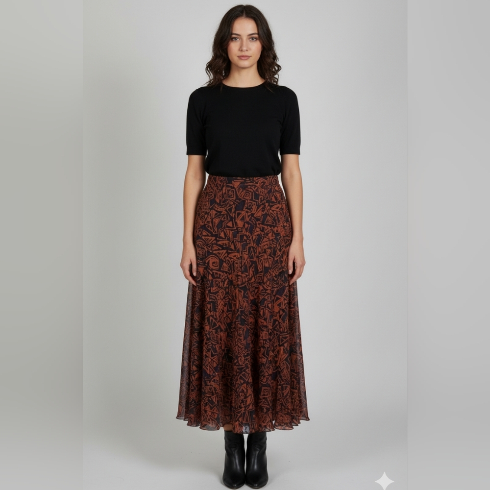 Ruby Rd. Women's Black/Orange Geometric Patterned Pleated Ruffle Maxi Skirt Sz 8
